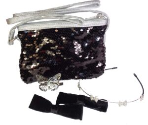 Childrens black and silver sequin bag and hair accessory set