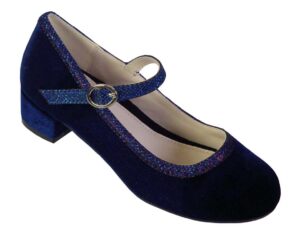 Girls deep blue velvet sparkly trim low heeled shoes