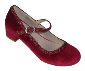 Girls deep red velvet sparkly trim low heeled shoes