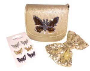 Girls gold sparkly handbag and hair accessory set