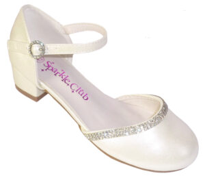 Girls ivory low heeled bridesmaid diamante trim shoes