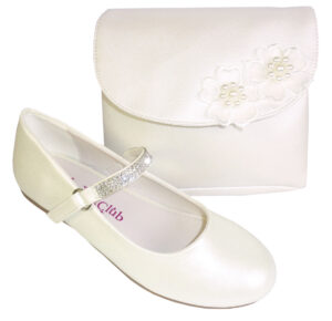 Girls ivory ballerina flower girl shoes with diamante strap and matching bag