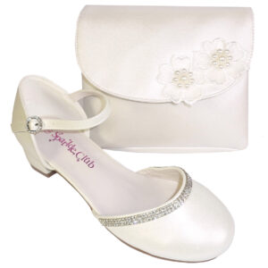 Girls ivory low heeled bridesmaid diamante trim shoes and ivory bag
