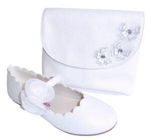 Girls white ballerina with rose trim and matching bag