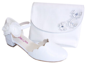 Girls white low heeled occasion shoes with matching bag