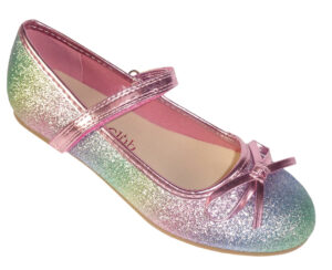 Girls pink rainbow glitter ballerina shoes with pink bow