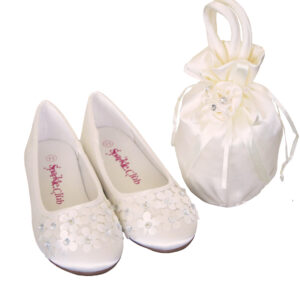 Ivory satin flower girl and bridesmaid ballerina shoes and bag