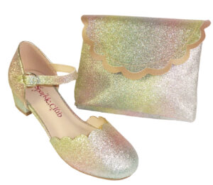 Girls gold low heeled occasion shoes with matching bag