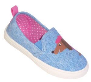 Young girls blue denim sausage dog slip on canvas shoes